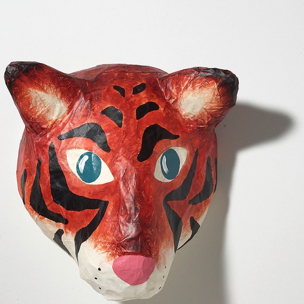 Tête de tigre en papier mâché, Timothy. Déco murale majestueuse gros chat