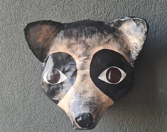 Paper mache raccoon head, Felix. Woodland creature, sweet wall decor.