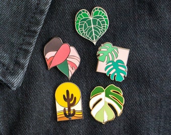 Tropical Plant Enamel 5 Pin Set: Monstera Albo, Philodendron Pink Princess, Cactus, Anthurium, Rhaphidophora