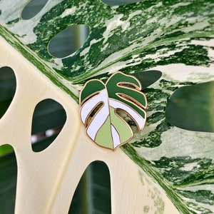 May include: A gold-colored enamel pin shaped like a monstera leaf. The leaf is green and white with a gold outline.