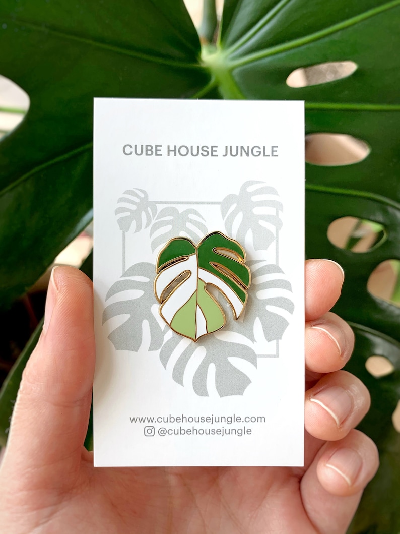 Monstera Albo Variegata Hard Enamel Pin CubeHouseJungle Gold Variegated Plant Collector Houseplant Button image 3