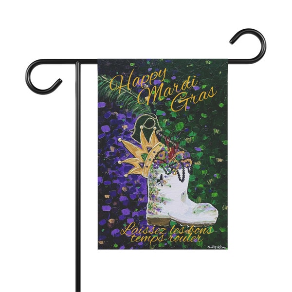 Welcome Mardi Gras Carnival Flag, Purple Green Gold Garden Banner, Louisiana Yard Art Decor, Fleur De Lis, Cajun boot, Crawfish Beads, Gift