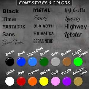 Image displaying 14 font styles and 14 vibrant color options for customizing our durable metal signs. Personalize the text, borders, and overall design to create a unique sign for indoor or outdoor use, perfect for businesses, homes, or gifts.