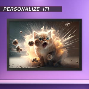 May include: A brown and white tabby cat with green eyes is shown with its mouth open in a roar. The cat is surrounded by a burst of light and dust, creating a dramatic effect.