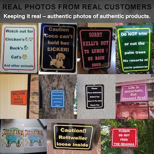 Collage of 11 real customer photos displaying custom metal signs in diverse shapes, sizes, and personalized designs. Highlights the durability, versatility, and creative possibilities of our signs in authentic real-life settings for various uses