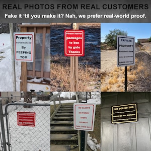 Collage of 6 real customer photos showcasing custom metal signs in various shapes, sizes, and personalized designs. Demonstrates the quality and versatility of our signs as used in authentic indoor and outdoor settings.