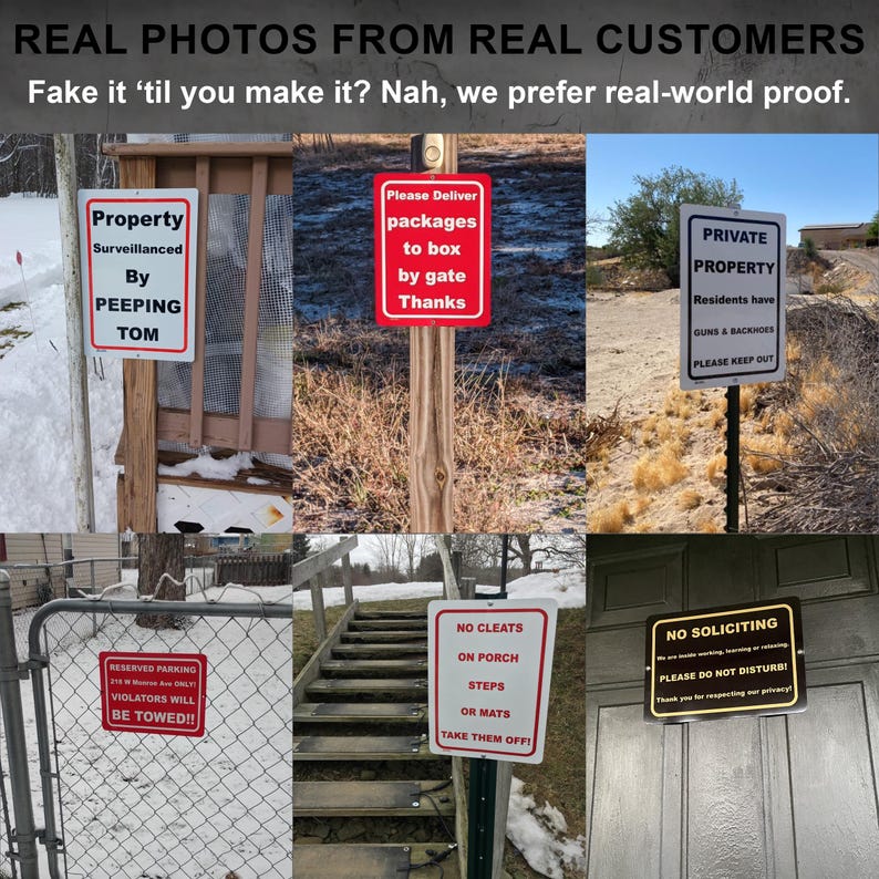 Collage of 6 real customer photos showcasing custom metal signs in various shapes, sizes, and personalized designs. Demonstrates the quality and versatility of our signs as used in authentic indoor and outdoor settings.