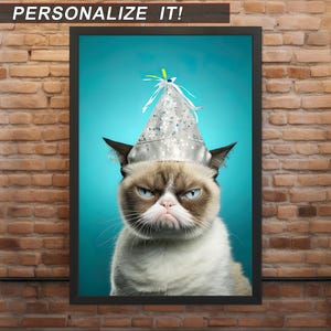 May include: A grumpy-looking cat wearing a silver party hat with a blue background. The cat has white fur and a black nose.