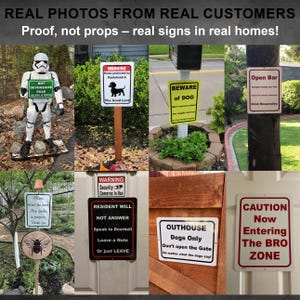 Collage of 8 real customer photos featuring custom metal signs in various shapes, sizes, and designs. Showcasing the quality, durability, and creativity of personalized signs as used in authentic indoor and outdoor settings