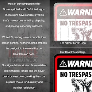 Comparison image showcasing the superior vibrancy and durability of a custom metal sign created using our heat infusion process versus UV printing and screen printing, highlighting sharp details, bright colors, and long-lasting quality.