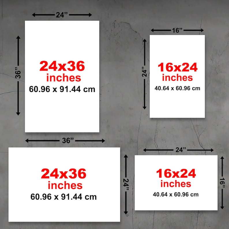 Graphic showing custom metal sign size options including 24x36, 36x24, 16x24, and 24x16 inches. This chart helps you choose the perfect vertical or horizontal orientation for your personalized business sign, outdoor property signage, or custom wall decor.