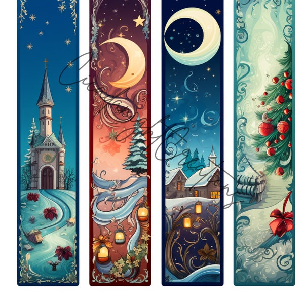 Beautiful Whimsical Christmas printable bookmarks - lot of 4