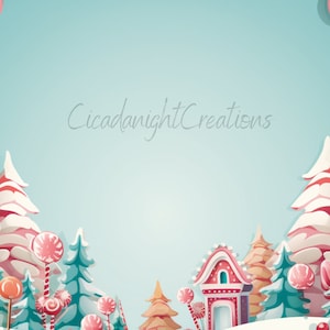 Puede incluir: Una ilustración caprichosa de un país de las maravillas invernal con temática de dulces. La escena presenta una casa de jengibre, árboles cubiertos de nieve y bastones de caramelo. El texto "CicanightCreations" es visible en el centro de la imagen.