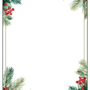 May include: A white rectangular card with a watercolor Christmas border. The border features green pine branches, red berries, and gold accents. The design is suitable for holiday invitations or announcements.