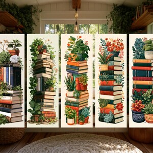 Marcapáginas imprimible con diseño de libros apilados y plantas