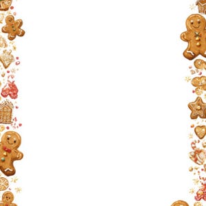 May include: A festive border design featuring various gingerbread cookies, including gingerbread men, stars, and houses, in shades of brown and gold. The cookies are arranged around a white background, creating a holiday-themed frame.
