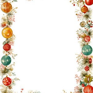 May include: A vintage Christmas-themed border design. The border is composed of colorful ornaments, pine needles, and red berries. The ornaments are in various colors, including red, gold, and teal. The design is set against a white background, creating a festive frame.