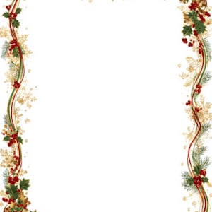 Könnte beinhalten: Ein festlicher Weihnachtsrahmen mit weißem Hintergrund. Der Rahmen zeigt rote, grüne und goldene Bänder, Stechpalmen, rote Beeren und Weihnachtsstern. Goldene Schneeflocken und Tannenzweige ergänzen das festliche Thema.