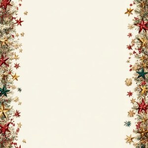 Puede incluir: Un diseño de borde festivo con un fondo crema, adornado con elementos navideños. El borde presenta adornos de estrellas rojas, doradas y verdes, ramitas de hoja perenne y bayas rojas, creando un tema navideño para decoraciones de temporada.