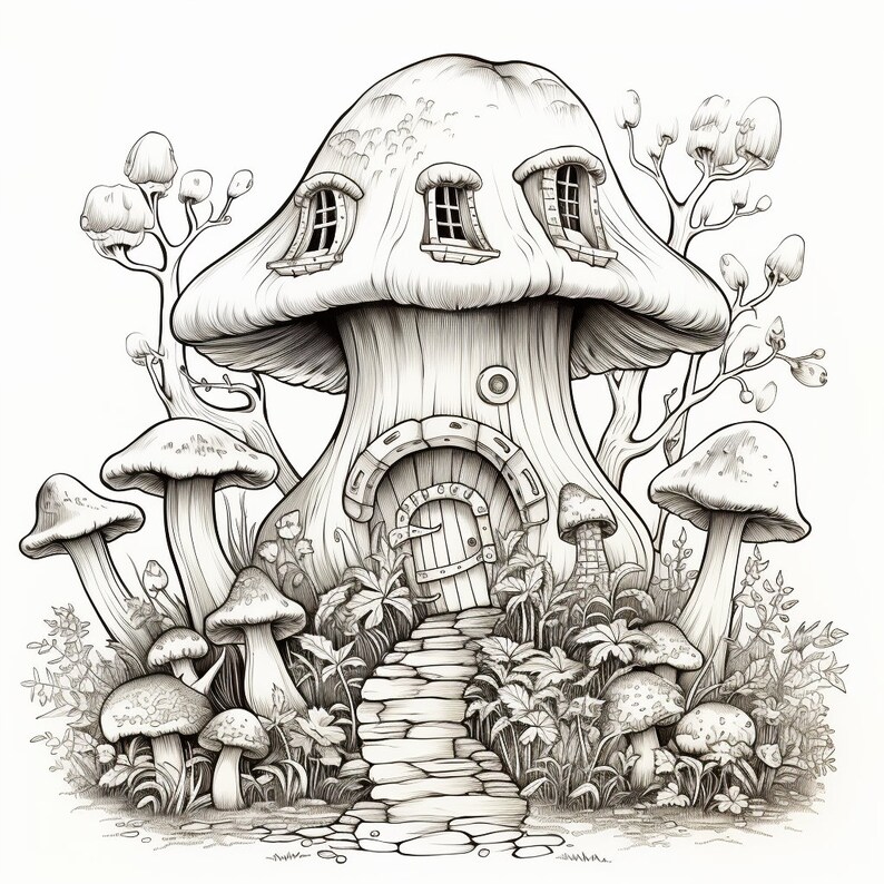 Whimsical Mushroom House Coloring Pages - Set of 5 (printable) - Etsy