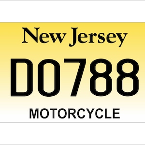 May include: New Jersey motorcycle license plate with a yellow and white gradient background. The plate displays the text "New Jersey" at the top, with the number "D0788" in bold black font, and the word "MOTORCYCLE" at the bottom.