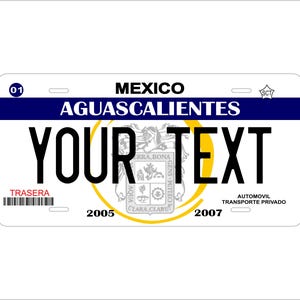 May include: A white and blue Mexican licence plate with the text "AGUASCALIENTES" and "YOUR TEXT". The plate has a gold seal with the text "ERRA, BONA", "AQUA", and "CLARA, CLARA" in the centre. The plate also has the numbers "2005" and "2007" on either side of the seal. The plate has the text "TRASERA" and "AUTOMOVIL TRANSPORTE PRIVADO" on the bottom.