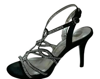 Nina Black Ankle Strap High-Heel Sandal w/ Rhinestone Straps Size 7.5