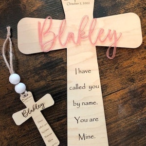 Communion, Dedication or Baptism Gift for Girl, Personalized Engraved Baptism Christening Cross with Baptism Date and Pink Acrylic Name.
