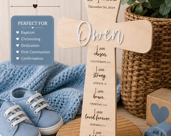 Godson Custom Baptism Gift | Affirmation Wall Cross | Non-toxic Maple Wood Wall Decor | Ships in 1-3 Days From Illinois