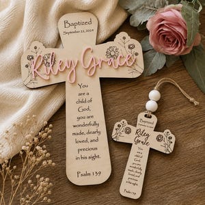 Personalized Floral Wall Cross, Psalm 139 Baptism Gift Girl Ornament