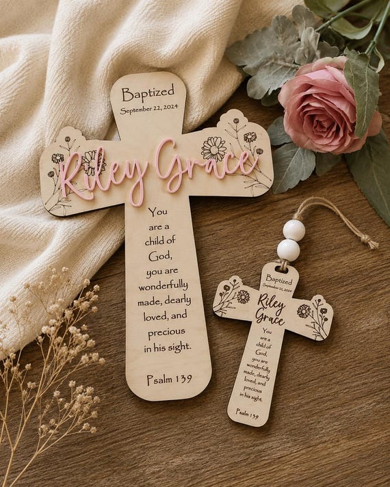 Personalized Floral Wall Cross, Psalm 139 Baptism Gift Girl Ornament