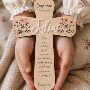 Customizable Baptism Gift for Girl, Boho Wildflower Rose Decor on Natural Wood Wall Cross Engraved w/Psalm 1:39, Ships Quickly from IL