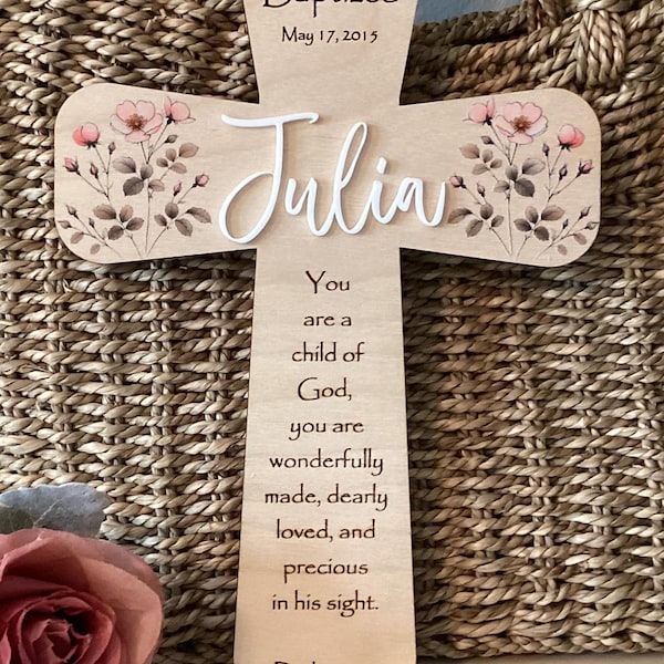 Customizable Baptism Gift for Girl, Boho Wildflower Rose Decor on Natural Wood Wall Cross Engraved w/Psalm 1:39, Ships Quickly from IL