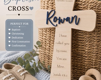 Personalized Wooden Baptism Cross, Engraved Name, Date, Isaiah 43:1