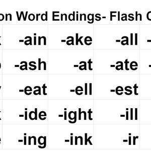 May include: Black and white flash cards with common word endings. The cards are arranged in a grid with five columns and five rows. Each card has a different word ending, such as -ack, -ain, -ake, -all, -ame, -ap, -ash, -at, -ate, -awe, -ay, -eat, -ell, -est, -ice, -ick, -ide, -ight, -ill, -in, -ine, -ing, -ink, -ir, and -ip.