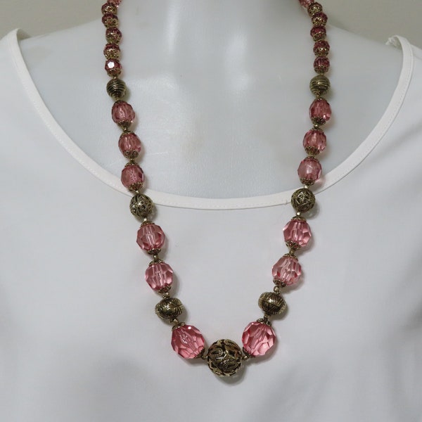 Pink Lucite Crystal Faceted Graduated Beaded Necklace, Statement long necklace