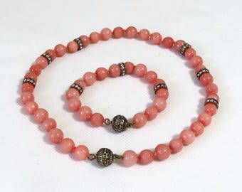 Vintage Pink Coral Necklace Bracelet Set, Rhinestone Magnetic Clasp