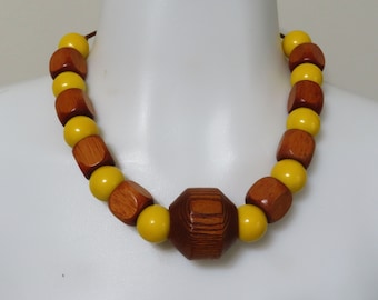 Yellow and brown large wood beaded necklace