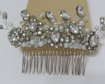 Vintage bridal rhinestone pearl hair comb, Wedding hair comb