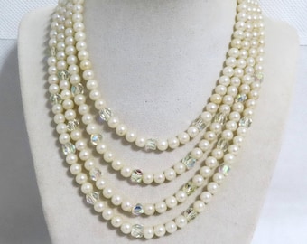 Collier de perles et de cristaux, collier vintage de fausses perles graduées à plusieurs rangs, cadeau de fête des mères, collier de mariage.