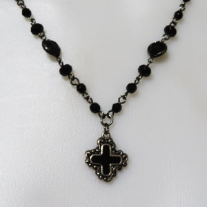 Simple black bead chain cross necklace, Enamel black cross necklace