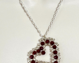 Handmade Red Crystal Heart Pendant Necklace - Silver Plated Chain