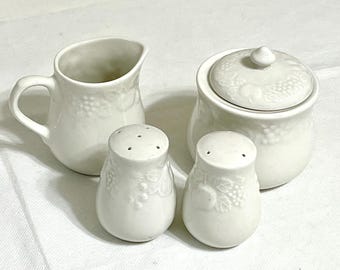 Vintage white ceramic Gibson fruit embossed creamer sugar bowl salt & pepper shake set