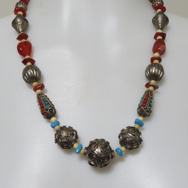 Tribal Moroccan Berber necklace with with natural turquoise and carnelian gemstone, Vintage enamel statement necklace