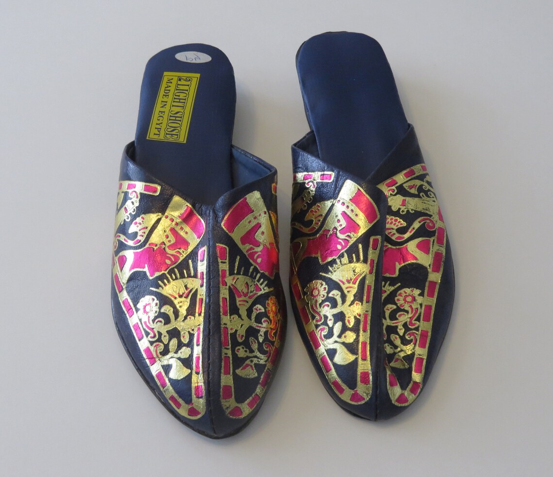 Vintage new Egyptian shoes Blue Egyptian painted shoes Etsy