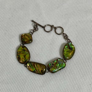 Vintage sterling silver abalone shell bracelet, Silver abalone link chain bracelet