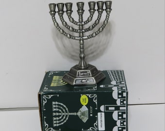 Holy land menorah 12 tribes silver pewter finish, Jewish Candle sticks 7 branches, Holy land gifts.