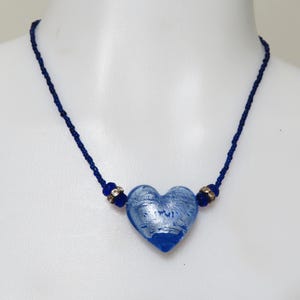 Lampwork glass heart necklace, Blue seed beads heart pendant choker