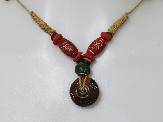 Vintage African Colorful Beads And Hemp Cord Adju… - image 1