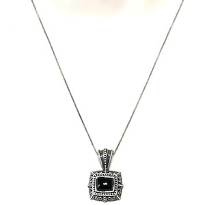 Vintage Sterling Silver Black Onyx Pendant Necklace: Marcasite Design